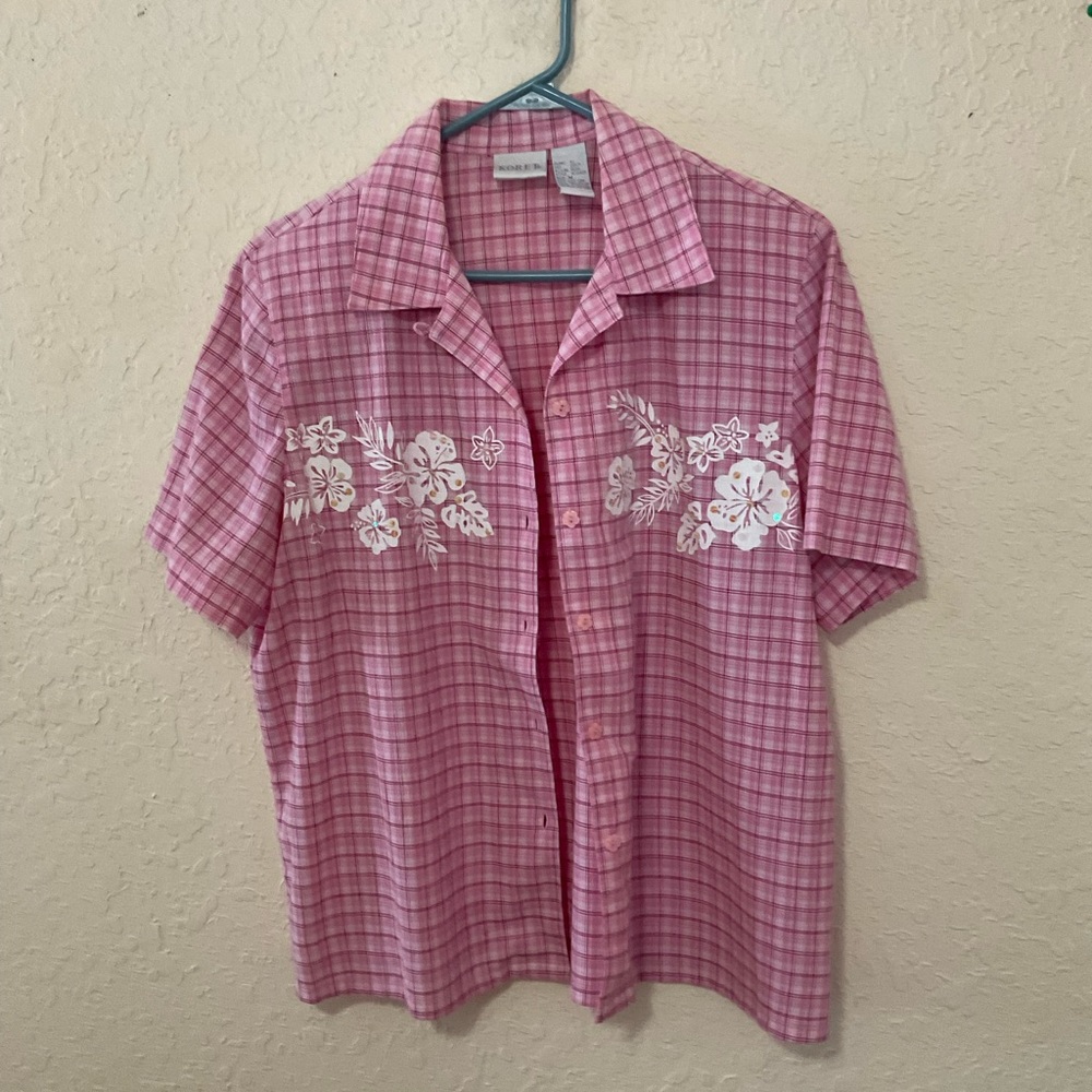 Floral Sequin Pink Checkered Button Down